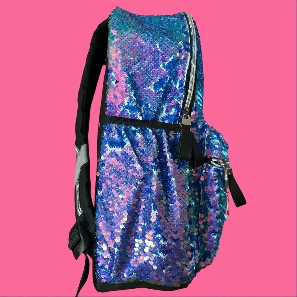 Justice Girls Large Pink Blue Sequin Backpack Multicolor Front Zipper Pocket